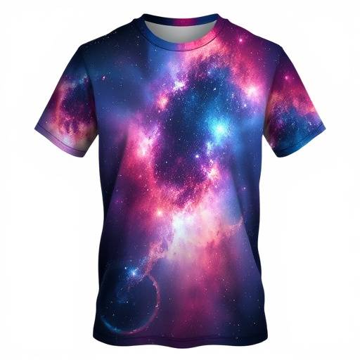 Camiseta com a estampa de uma nebulosa colorida e detalhada